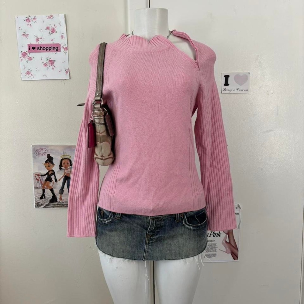 / BCleo Petites Y2K Pink Ribbed Mock Neck Zip-Shoulder Sweater S/P — Coquette - Picture 6 of 7